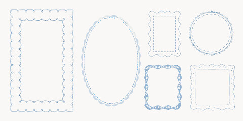 Collection of six decorative blue watercolor frames and borders with varied scalloped and dashed edges