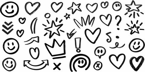 Collection of hand drawn doodle elements including smiley faces hearts stars arrows and more