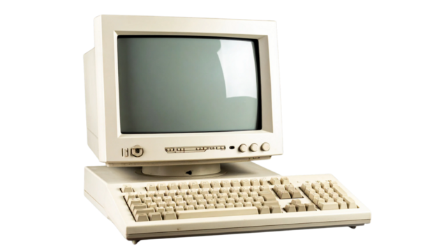 Vintage desktop computer system with a classic monitor and keyboard. An iconic piece of retro technology representing the early digital era, isolated on a white background