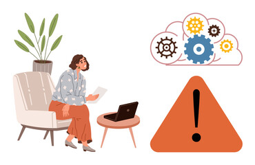 Woman sits in a chair with a laptop and paper, next to a caution icon and cloud with gears. Ideal for problem-solving, warnings, technology, brainstorming, communication, process, business strategy