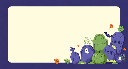 Fototapeta premium Festive autumnal arrangement featuring spooky gravestones with copy space design