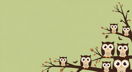 Fototapeta premium Stylized owl family perched on branches with minimal falling foliage theme