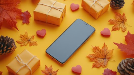 Abstract 3D model of a smartphone and shopping online,autumn sale,black friday,autumn season,gifts discounts and digital payment solutions.