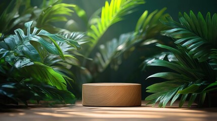 Fototapeta premium wooden round pedestal on natural surface surrounded by lush green tropical leaves with soft sunlight