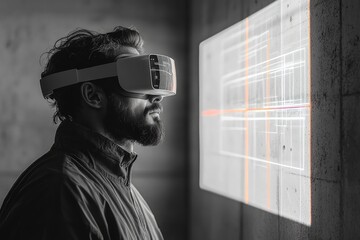 A bearded man wearing a VR headset experiences an immersive architectural design in a virtual environment.
