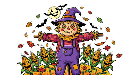 Spooky autumn night illustration featuring a friendly scarecrow and corn stalks