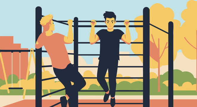 Two Young Men Exercising Outdoors Performing Pull-Ups on a Parallel Bar Structure in a Park