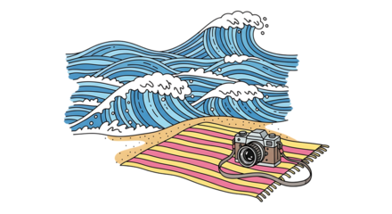 Vintage camera capturing the ocean waves on a pink and yellow striped towel