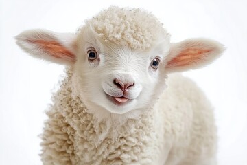 Fototapeta premium close-up of a fluffy white lamb with curly wool and large ears against a white background showing a playful and gentle expression
