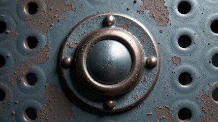 A weathered metallic disc with a central, recessed, concentrically ringed component, exhibiting a distressed patina and punctuated by a pattern of regularly spaced perforations