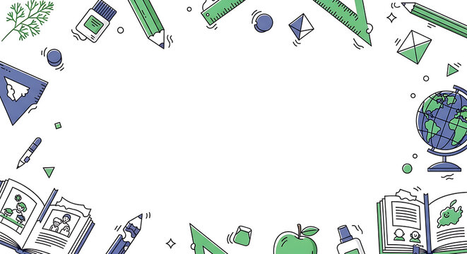 Educational border design with books, globe, pencil and school supplies
