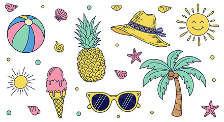 Vibrant summer essentials digital illustration set on dark background scene