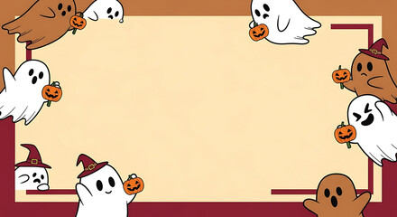 Whimsical halloween border design featuring cartoon ghosts and small pumpkins