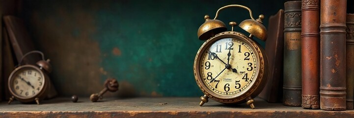 A whimsical clock with mismatched gears, tilted at an odd angle, rests on a dusty, antique bookshelf, surrounded by forgotten trinkets and curious objects , bizarre, magical