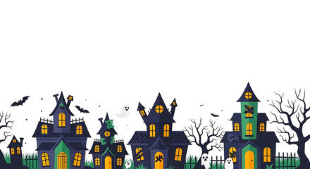 Eerie cartoon haunted houses on a horizon evoking Halloween celebration vibes