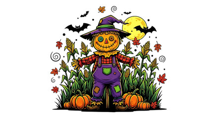 Vibrant and Playful Halloween: A Cartoon Scarecrow's Autumnal Night Display