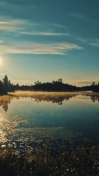 Calm forest lake in Temagami, Northern Ontario, mirroring the sky and boreal trees in still waters