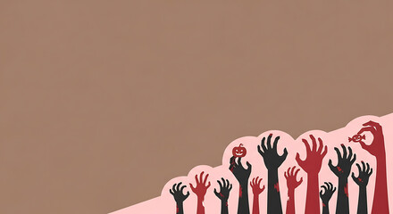 Terrifying zombie hands rising from graves in Halloween flat lay design