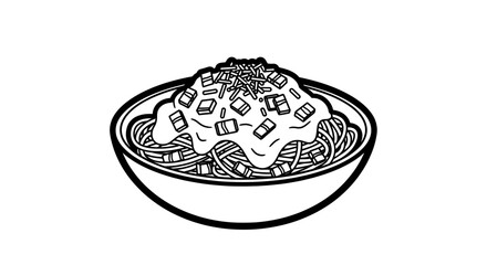 Detailed line art illustration of spaghetti bolognese in a bowl simplistic design