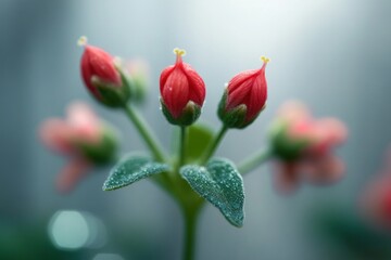 Close-up of small red flower buds with green leaves covered in tiny dew drops against a soft blurred background