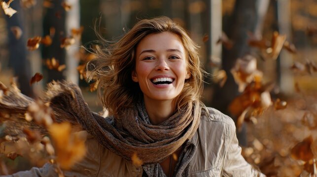 Autumn's Embrace: A radiant woman, framed by falling leaves, revels in the crisp autumn air, exuding pure joy. A perfect display of autumn's warm tones and carefree spirit.