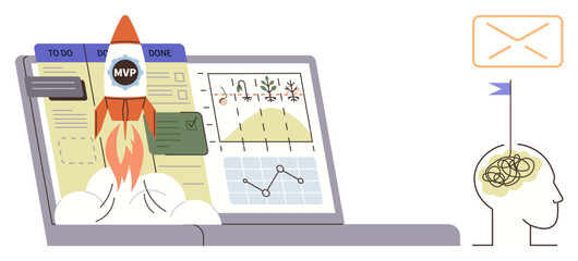 Rocket launch over project management board on laptop with analytics graphs, task status, and brainstorming. Ideal for innovation, productivity, teamwork, planning, startup strategy, brainstorming