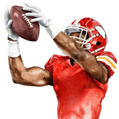 watercolor illustration of American football player catching ball