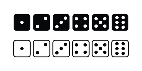 A set of modern, minimalist dice icons for numbers 1 through 6. Available in solid and outline styles. Perfect for gaming apps, websites, and print materials.