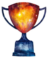 vibrant watercolor trophy with glowing orange and blue gradient on transparent background