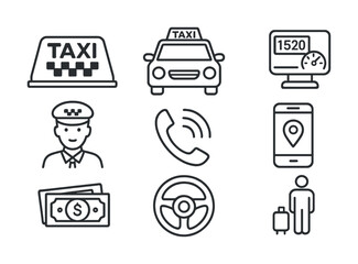 Taxi service icons set: cab, driver, gps, payment, communication