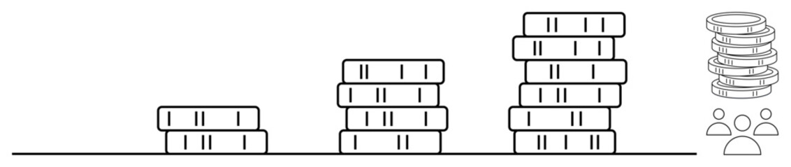 Growing stacks of coins with silhouettes of people symbolize wealth accumulation, teamwork, and financial planning. Ideal for business growth, economy, savings, investment, teamwork, progress simple
