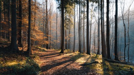 Obraz premium Forest Path: A winding path meanders through a serene forest, with tall trees casting long shadows. Sunlight filters through the leaves, creating an atmosphere of tranquility. 