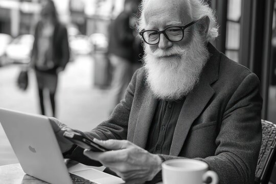 Elderly man with white beard and glasses sitting outdoors with laptop and smartphone, enjoying a coffee at a café - Powered by Adobe