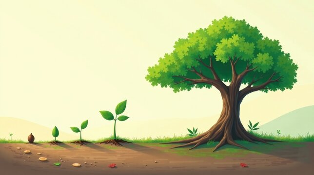 A Seed's Journey From Tiny Sprout to Majestic Tree in a Serene Landscape