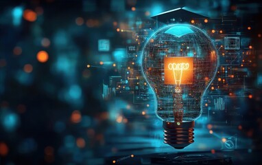 Glowing digital light bulb hologram surrounded by floating data elements and futuristic technology interface in a dark environment
