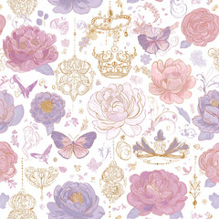 Romantic seamless pattern design with roses, butterflies, and crown elements in vintage style