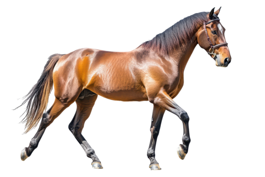 Stunning full-body view of a majestic horse in motion displaying elegance and strength against a white background