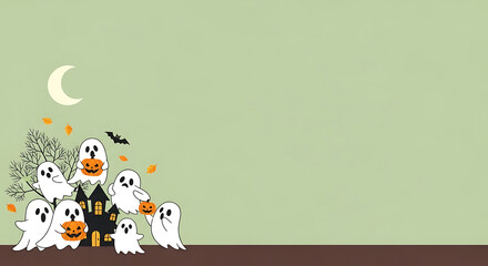 Halloween cartoon scene with friendly ghosts, pumpkins, haunted house and moon