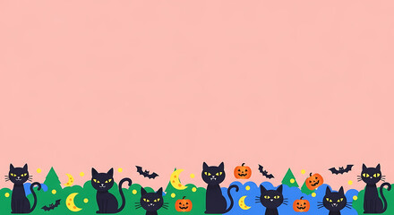 Whimsical halloween border illustration featuring black cats and seasonal
