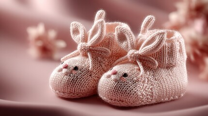 Adorable baby booties shaped like bunny rabbits on pastel lavender background, cozy newborn illustration