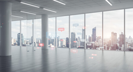 Seamless digital communication in a sophisticated, contemporary office with a panoramic city view.