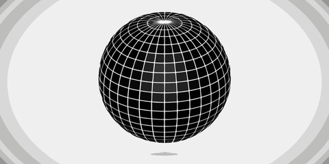 Abstract black wireframe globe with white grid lines and subtle shadow on a light gray background with curved lines