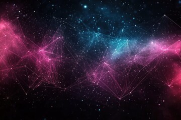 Fototapeta premium Abstract digital network of interconnected points and lines in glowing pink and blue hues on a dark background, evoking a futuristic and cosmic atmosphere