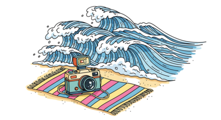 Retro camera capturing ocean waves on a sunny striped beach towel getaway