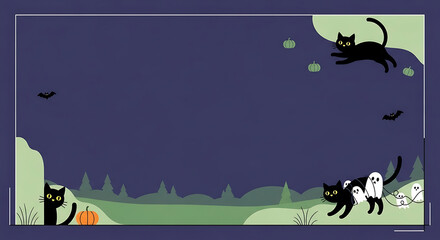 Enchanting halloween scene with playful black cats against a night landscape