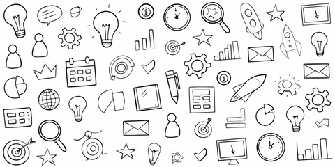 Collection of hand drawn business and finance icons with lightbulbs charts and rockets