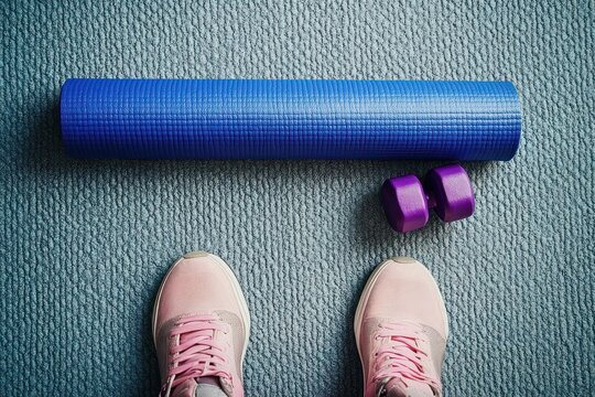 pair of pink sneakers facing a rolled blue exercise mat and small purple dumbbells on a textured blue carpet suggesting a home workout setup