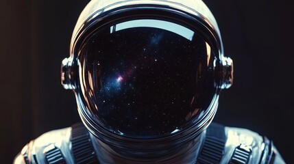 Close-up of an astronaut helmet reflecting a starry night sky and cosmic nebulae, evoking mystery and exploration in deep space