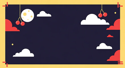 Graphical depiction with moon, clouds and red fruits on a dark background