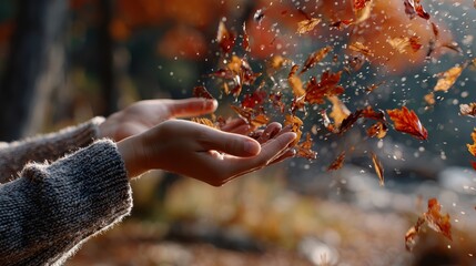 Embracing Autumn's Embrace: Capturing the graceful dance of fall as gentle hands release a cascade of colorful leaves, creating a moment of serene beauty and seasonal transformation.
